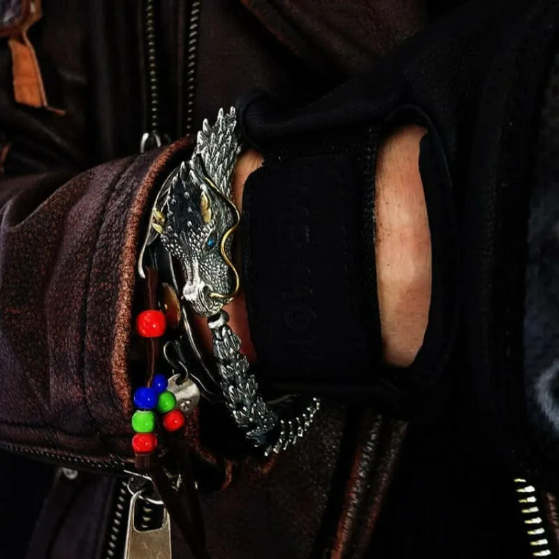 Ornate Silver Plated Mens Retro Dragon Bracelet with Golden Accents