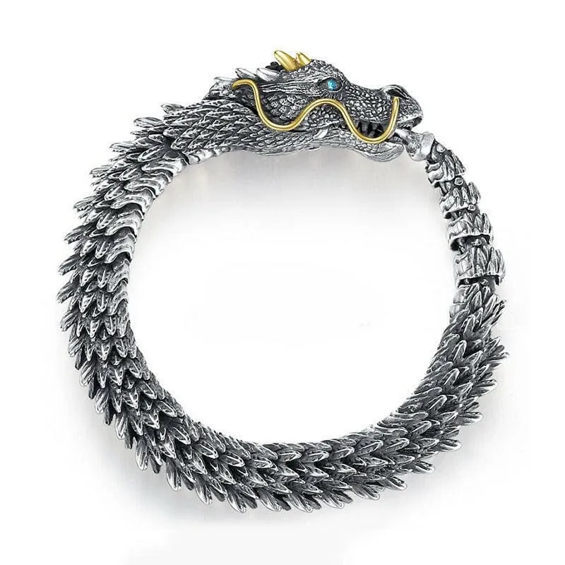 Ornate Silver Plated Mens Retro Dragon Bracelet with Golden Accents