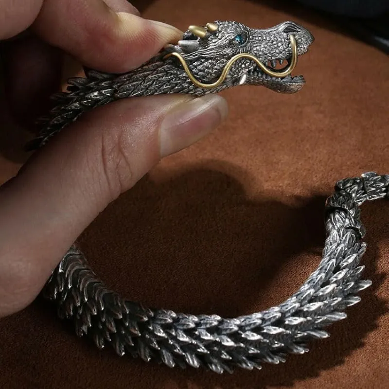Ornate Silver Plated Mens Retro Dragon Bracelet with Golden Accents