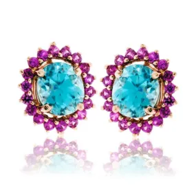 Oval Blue Zircon & Pink Sapphire Classic Halo Post Earrings
