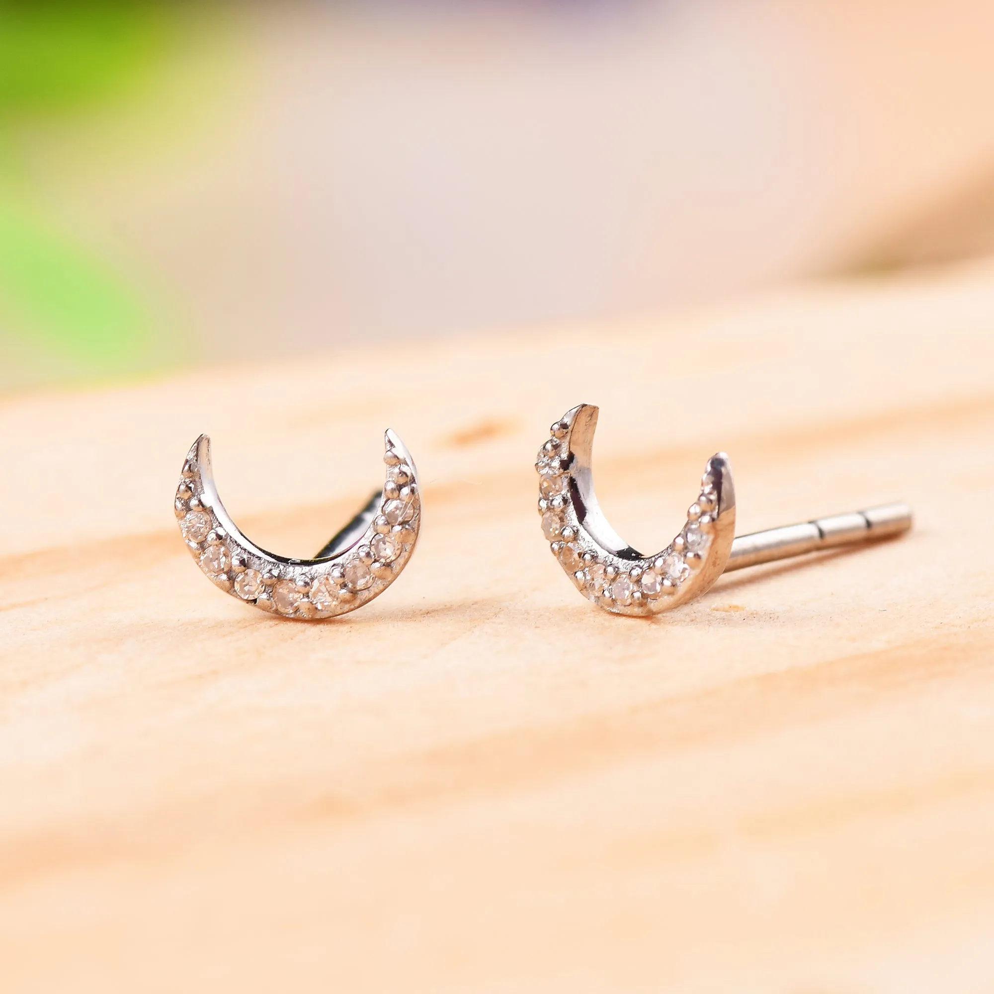 Pave Diamond Crescent Moon Stud Earrings