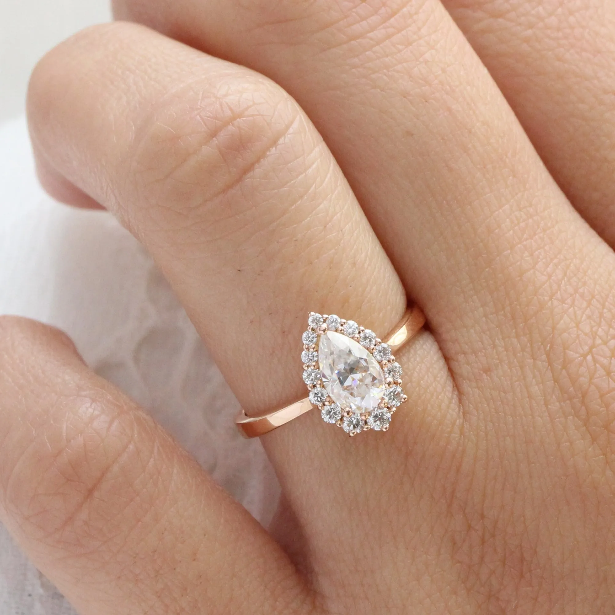 Pear Moissanite Diamond Ring in 14k Rose Gold Tiara Halo Tapered Band, Size 6.25