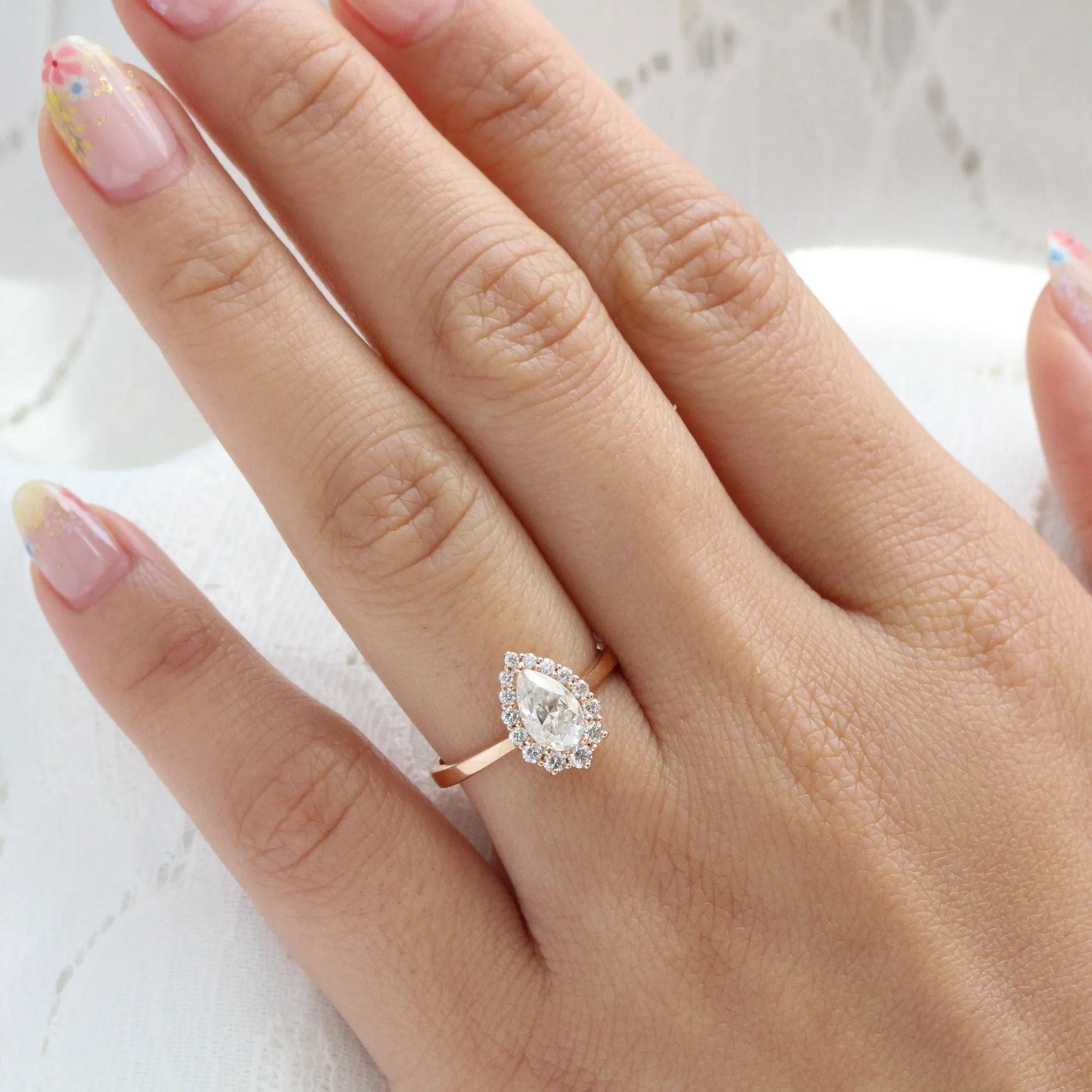 Pear Moissanite Diamond Ring in 14k Rose Gold Tiara Halo Tapered Band, Size 6.25