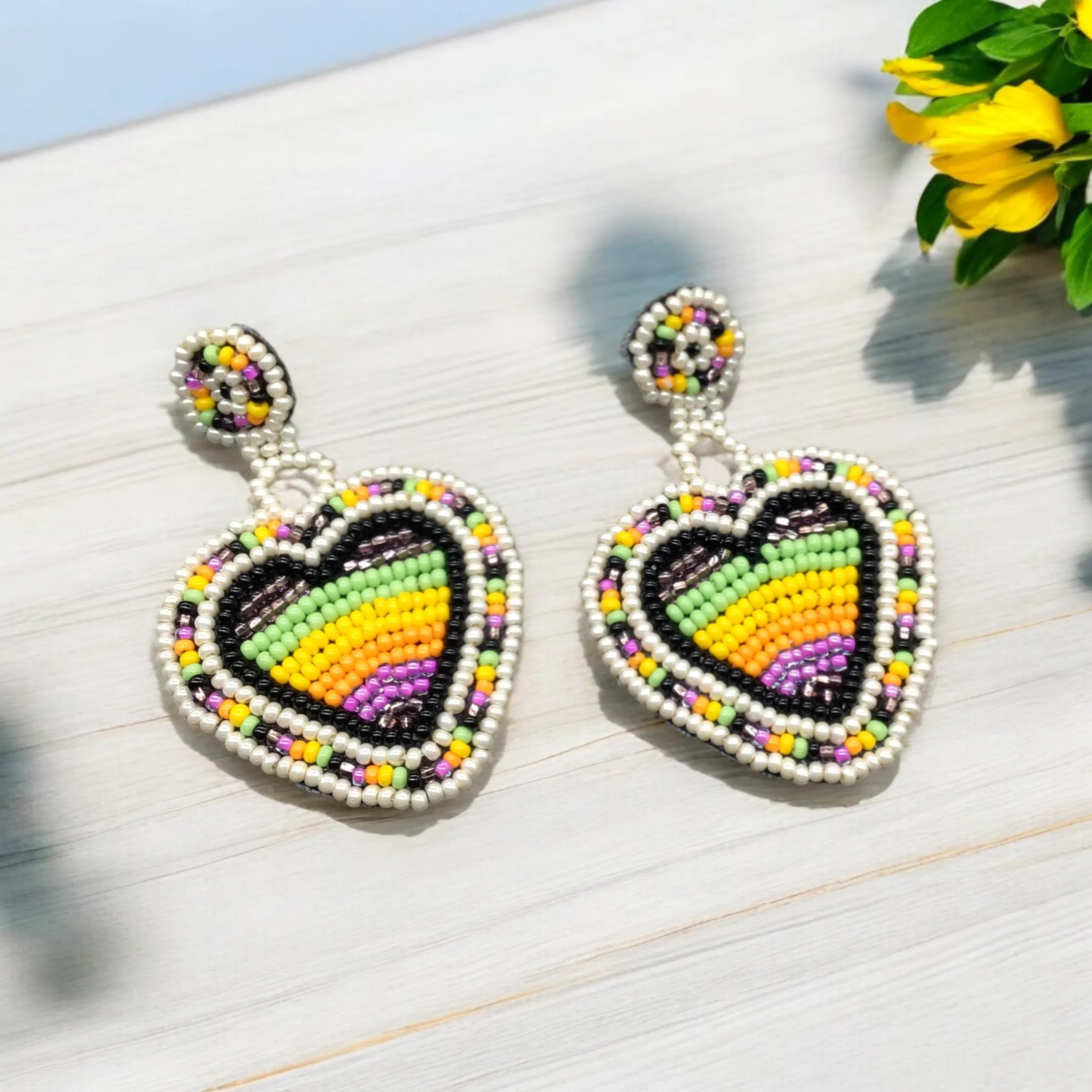 Purple and Yellow Heart Beaded Earrings