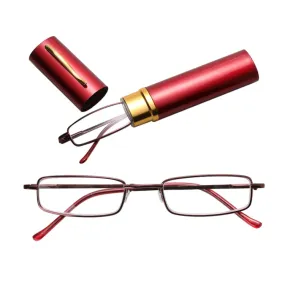Reading Glasses Metal Spring Foot Portable Presbyopic Glasses with Tube Case  1.50D(Red)