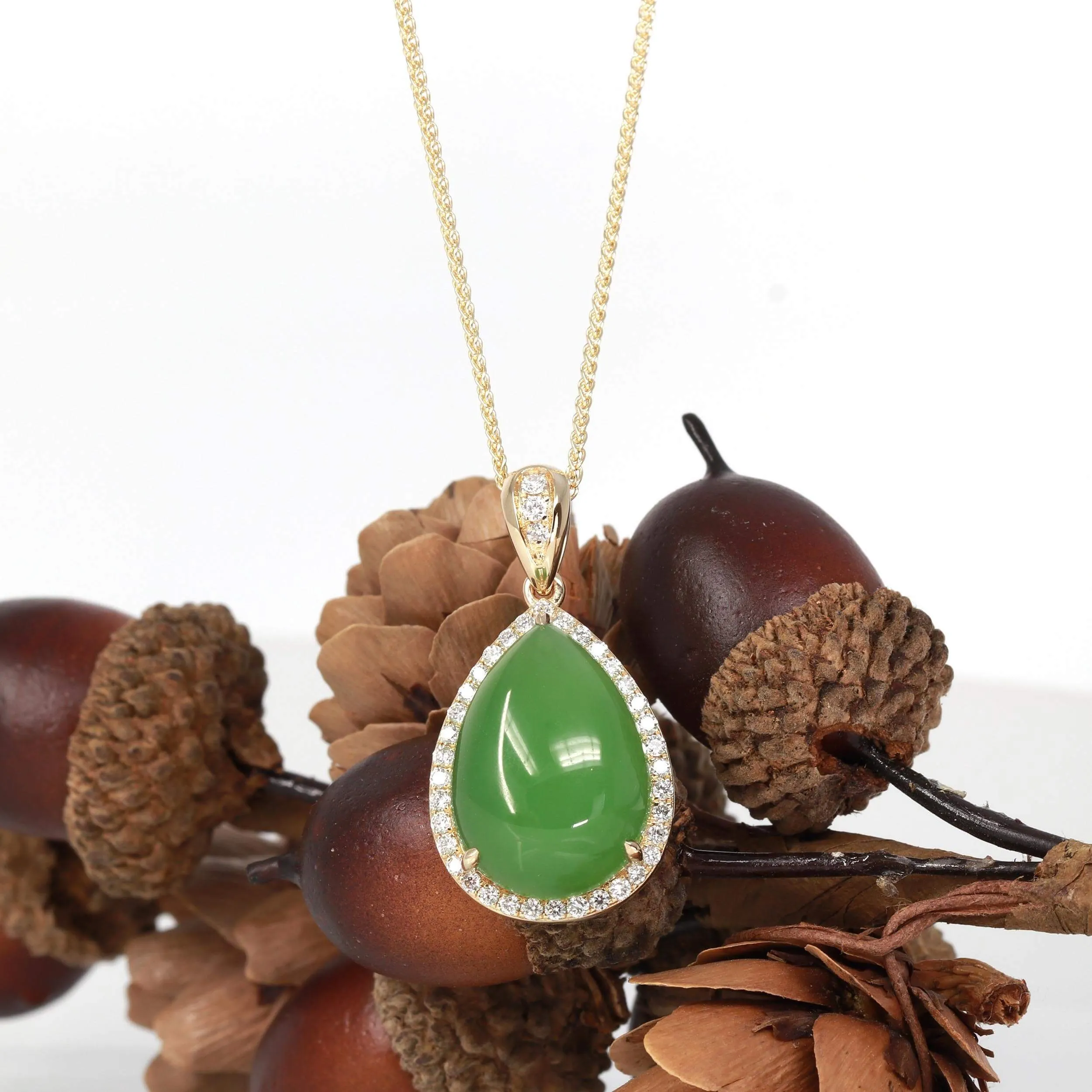 RealJade®14K Genuine Green Nephrite Apple Green Jade Tear Drop Pendant Necklace With Diamond
