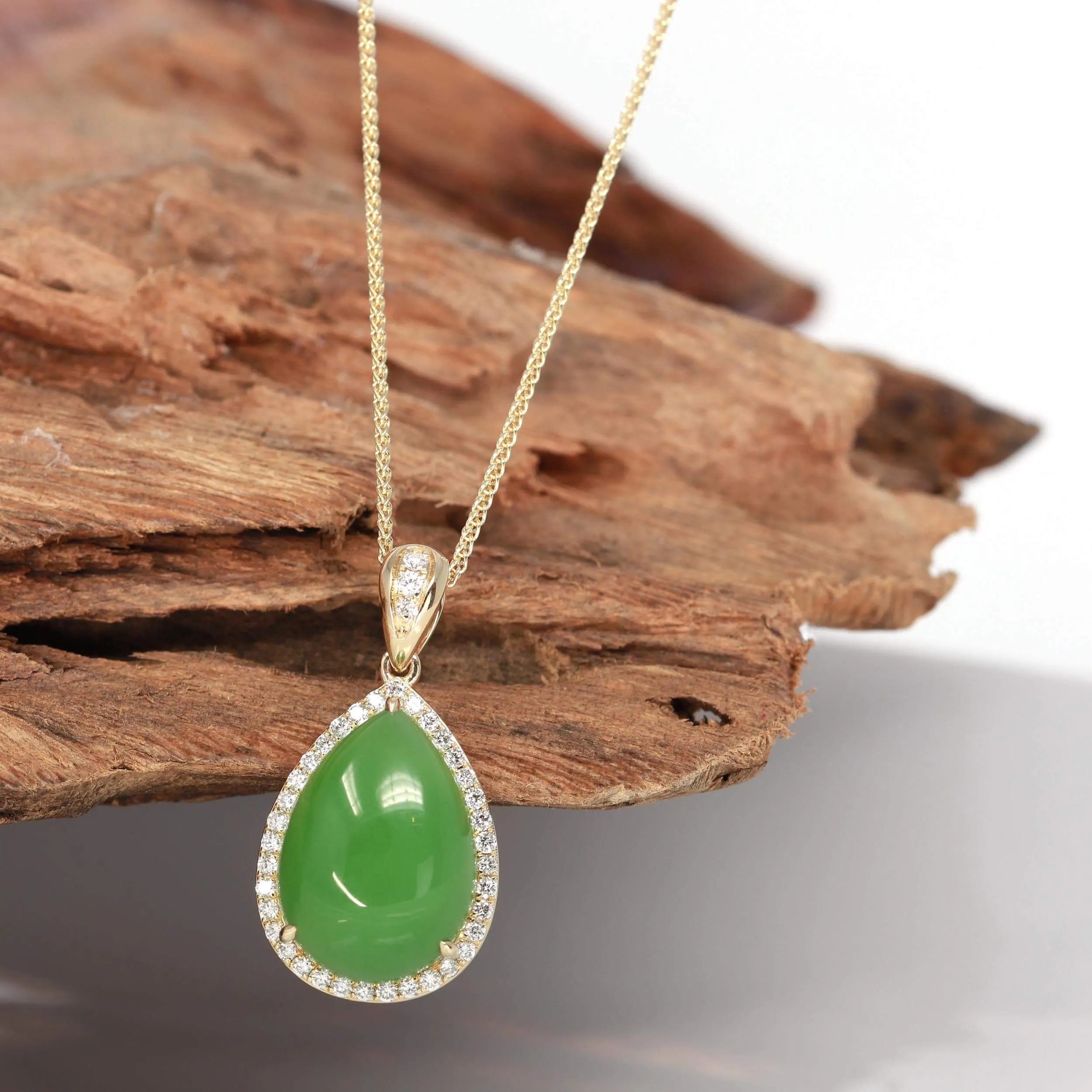 RealJade®14K Genuine Green Nephrite Apple Green Jade Tear Drop Pendant Necklace With Diamond