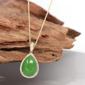 RealJade®14K Genuine Green Nephrite Apple Green Jade Tear Drop Pendant Necklace With Diamond