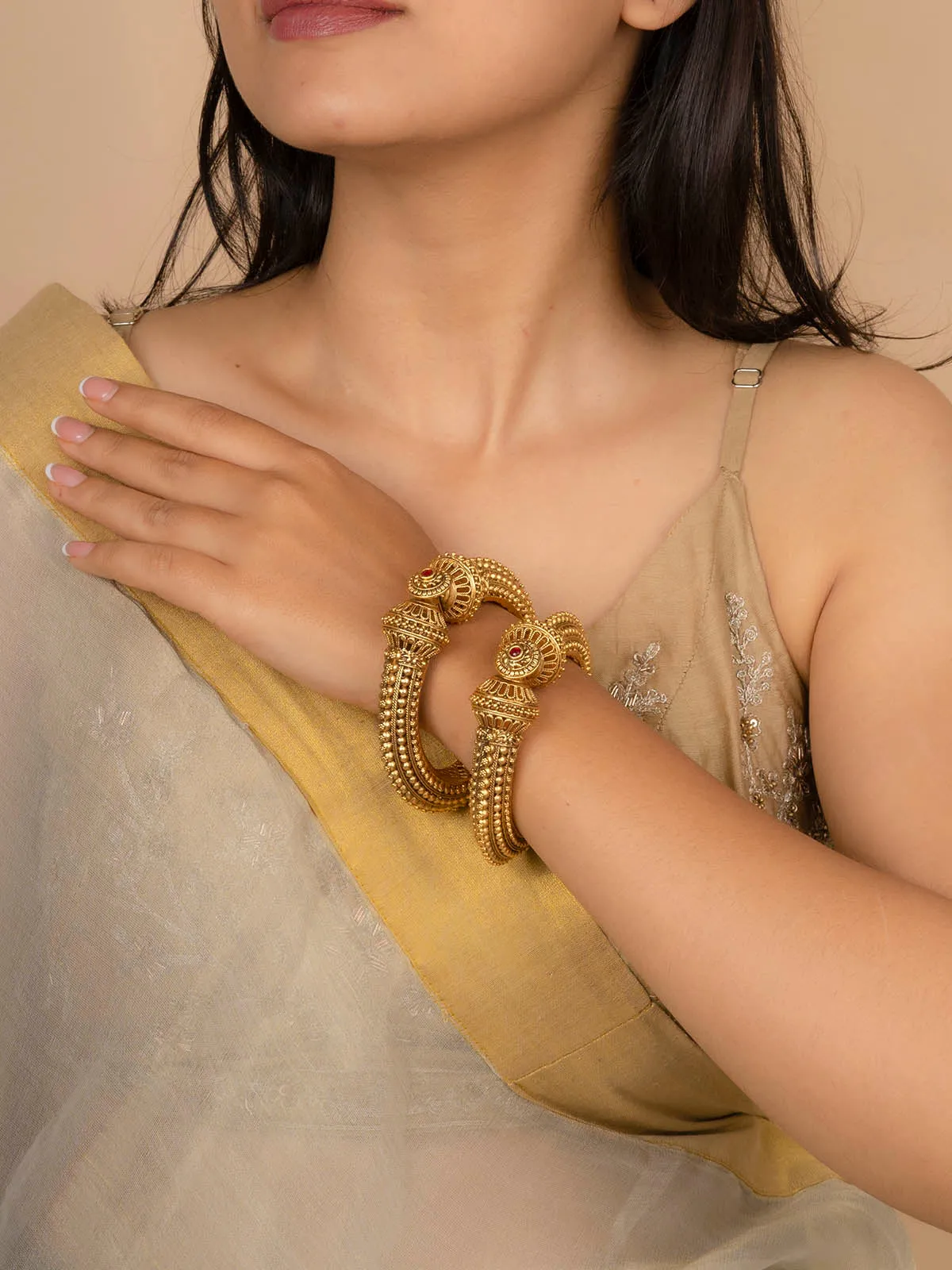 Red Color Gold Plated Temple Bangles - TMPBAN98