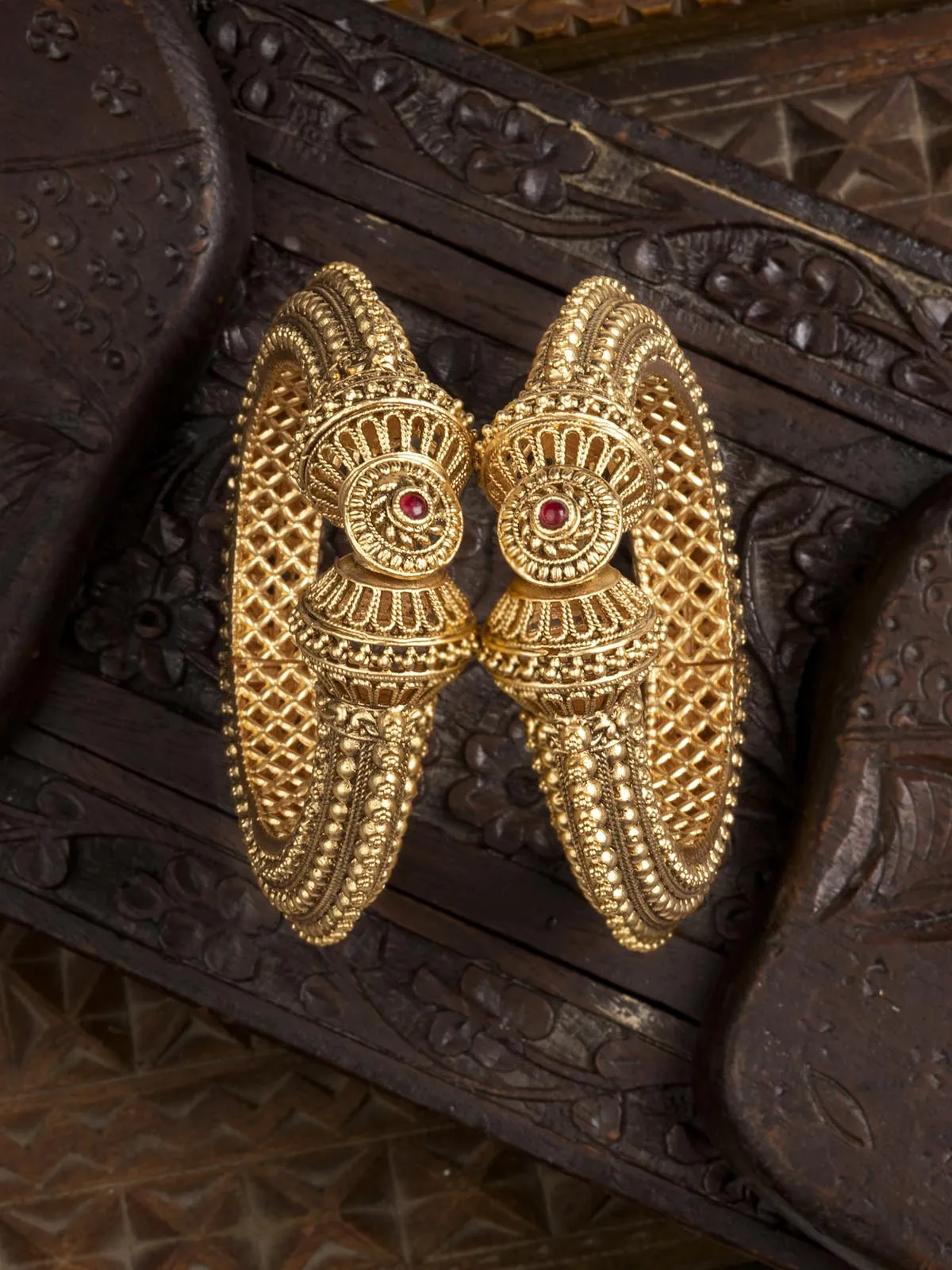 Red Color Gold Plated Temple Bangles - TMPBAN98