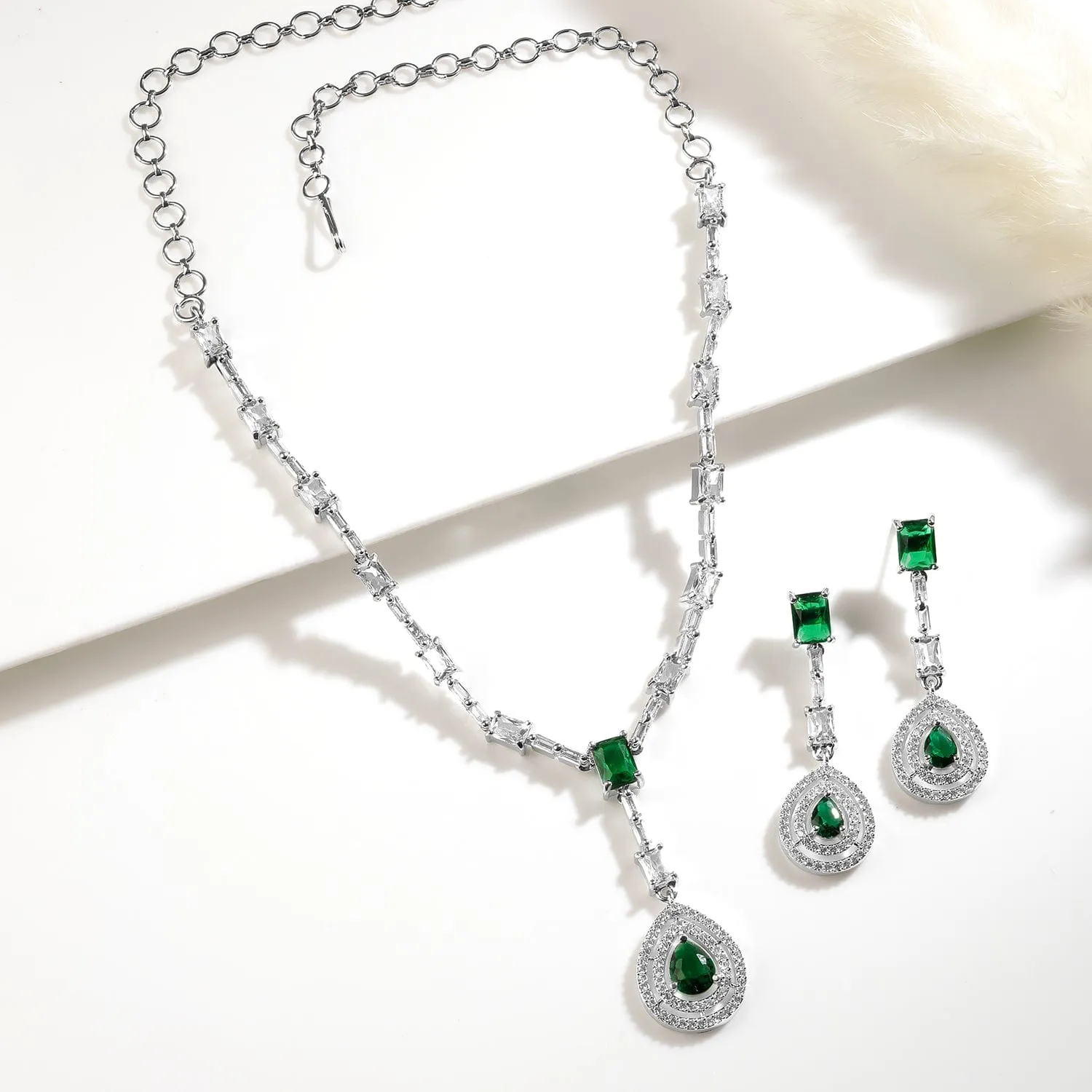 Rhodium Plated Emerald Teardrop Pendant Necklace Set with AD & Cubic Zirconia Studded
