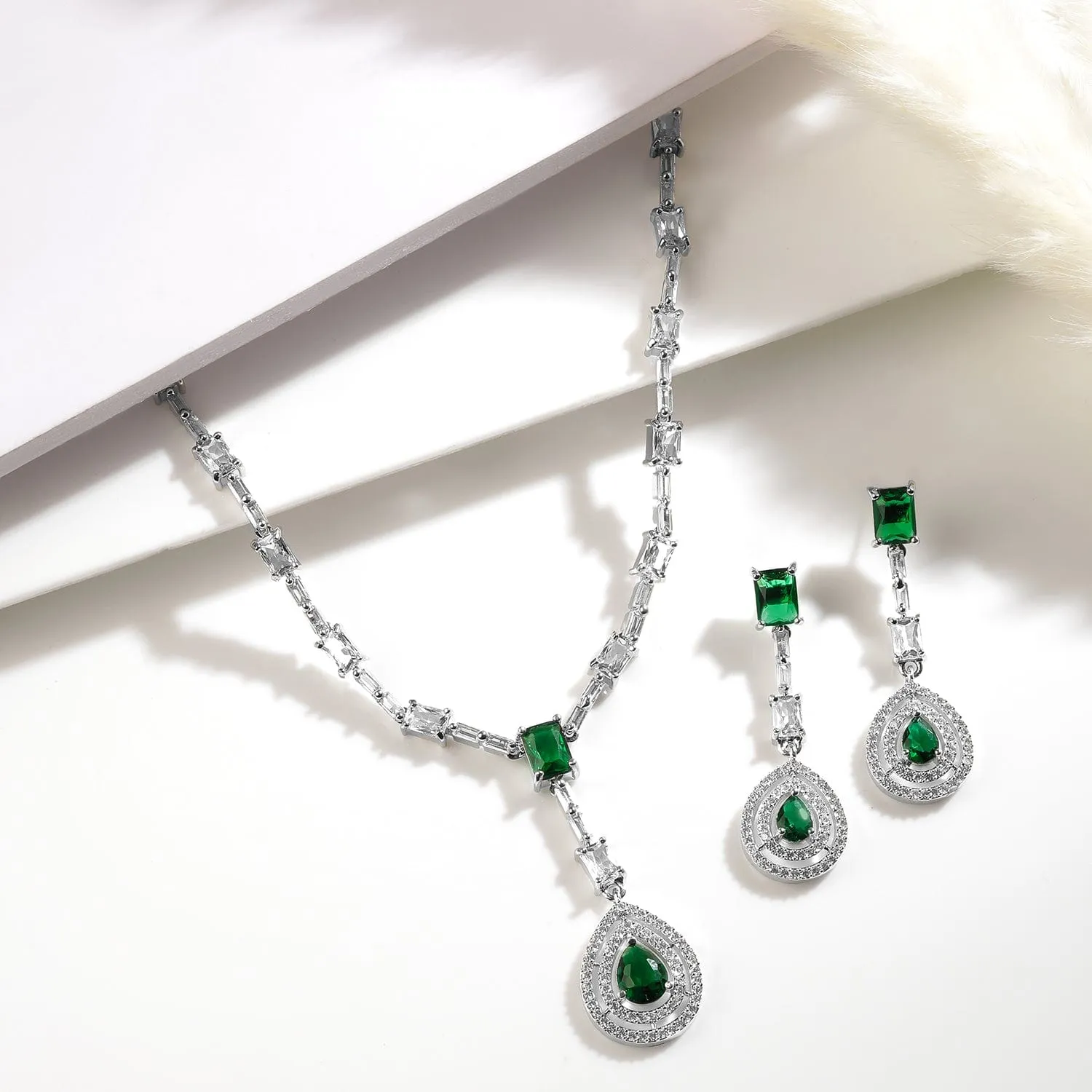 Rhodium Plated Emerald Teardrop Pendant Necklace Set with AD & Cubic Zirconia Studded