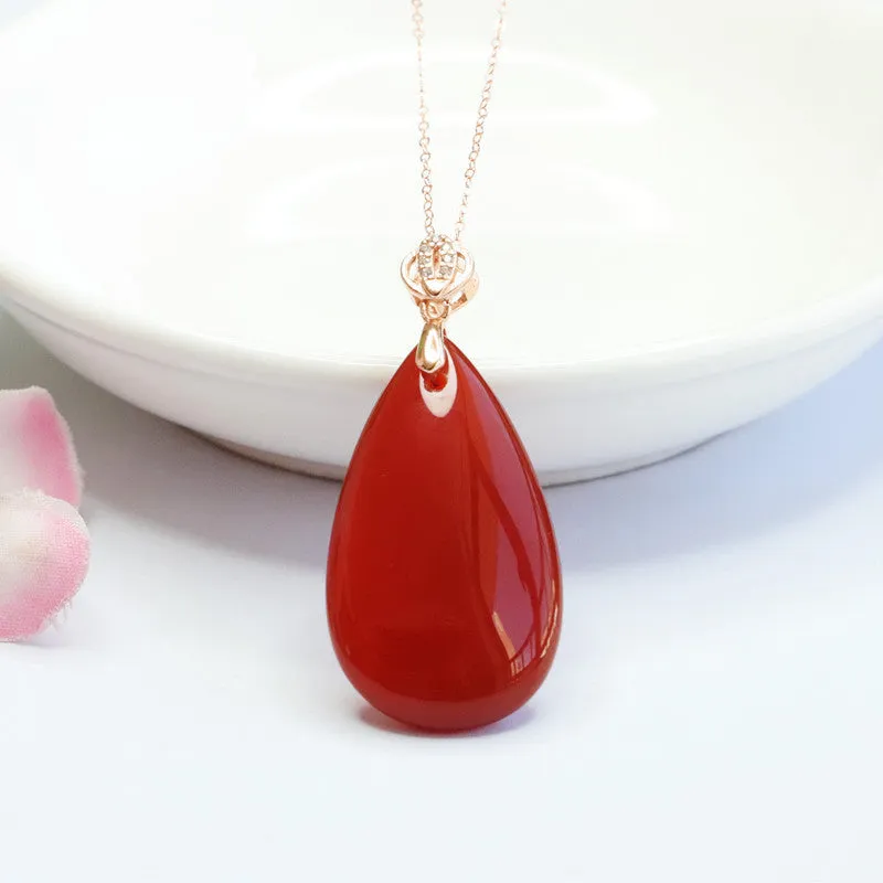 Rose Gold Necklace with Red Agate and Jade Chalcedony Water Droplet Pendant