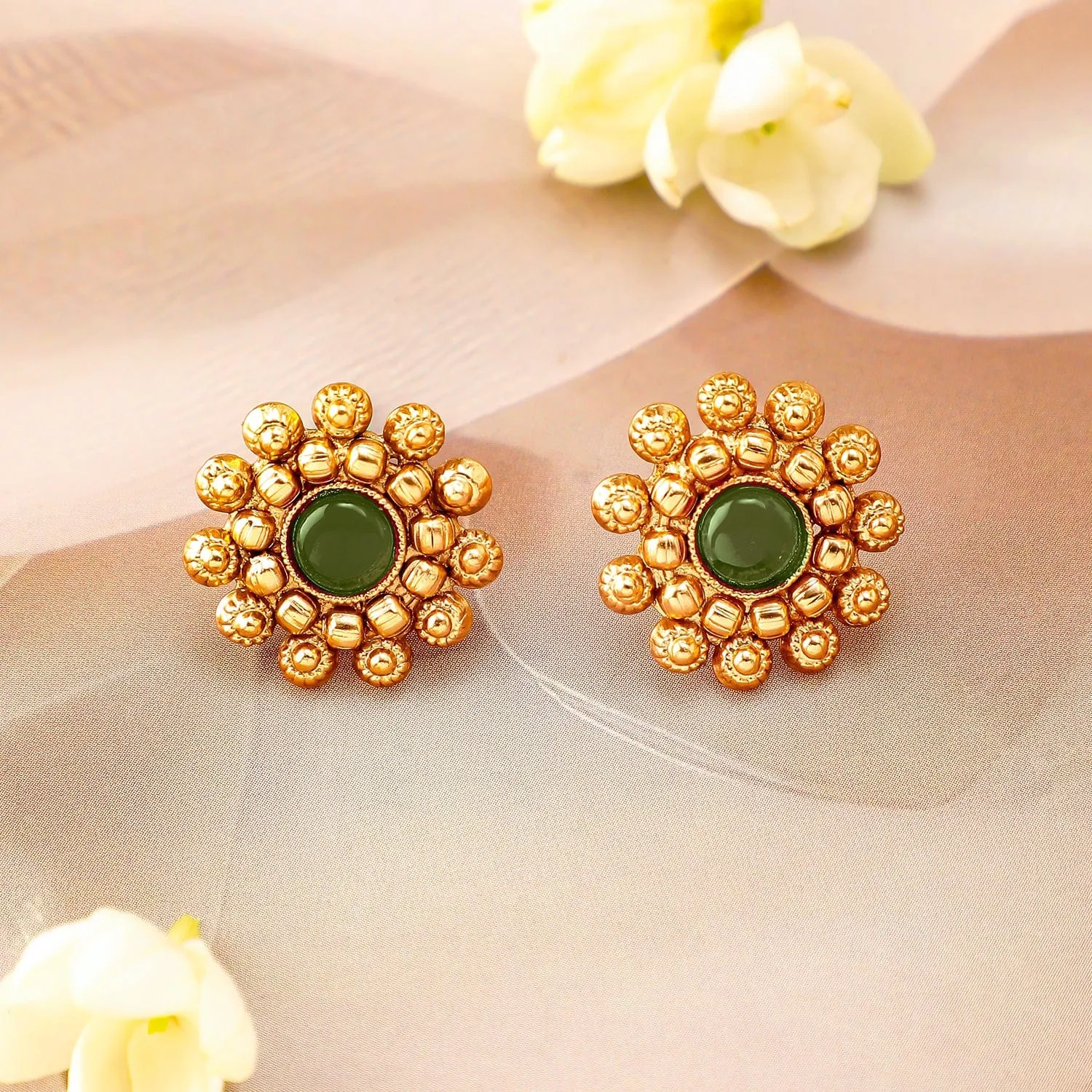 Rubans 22K Gold-Plated Emerald Green Studded Traditional Choker Necklace Set with Gold Beads