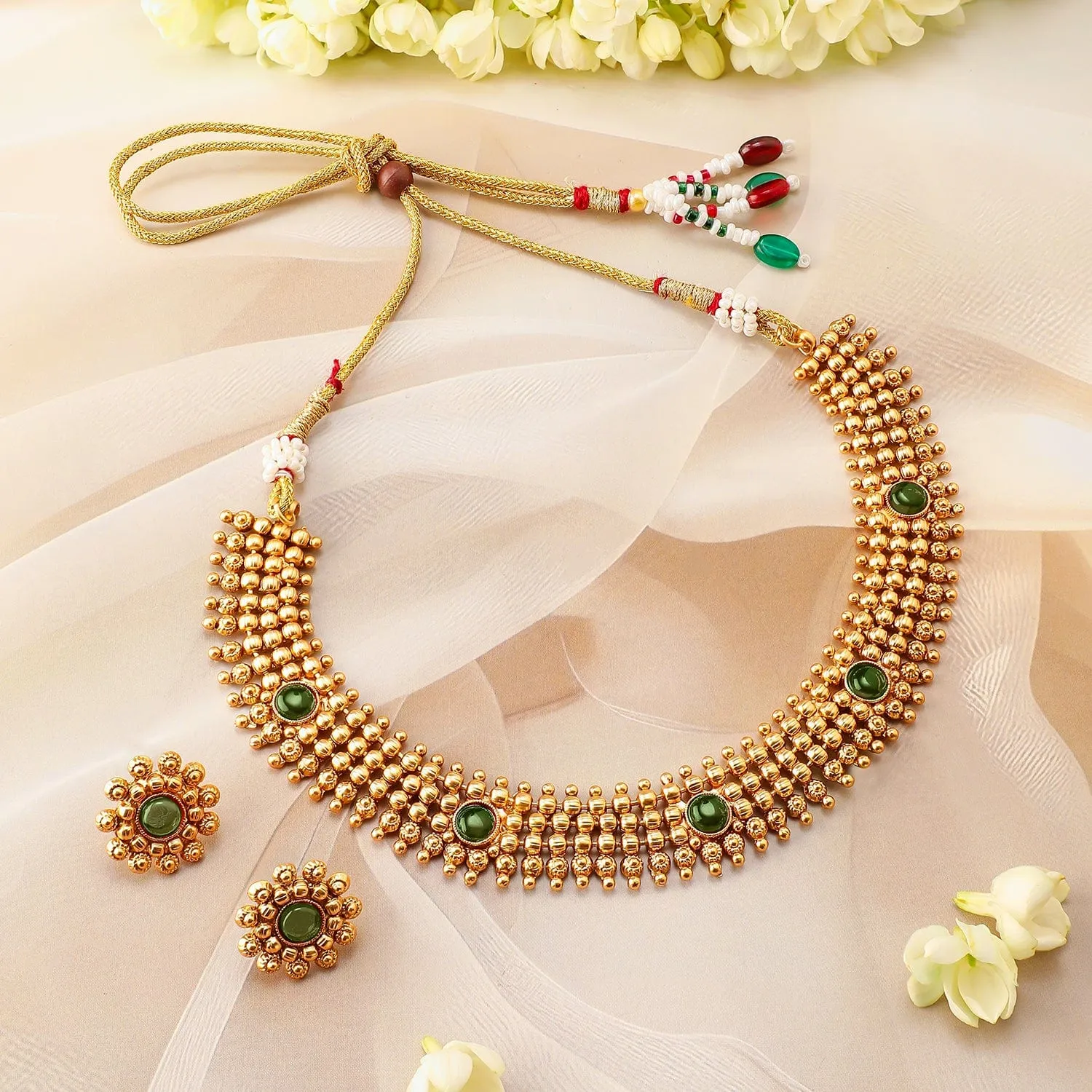 Rubans 22K Gold-Plated Emerald Green Studded Traditional Choker Necklace Set with Gold Beads