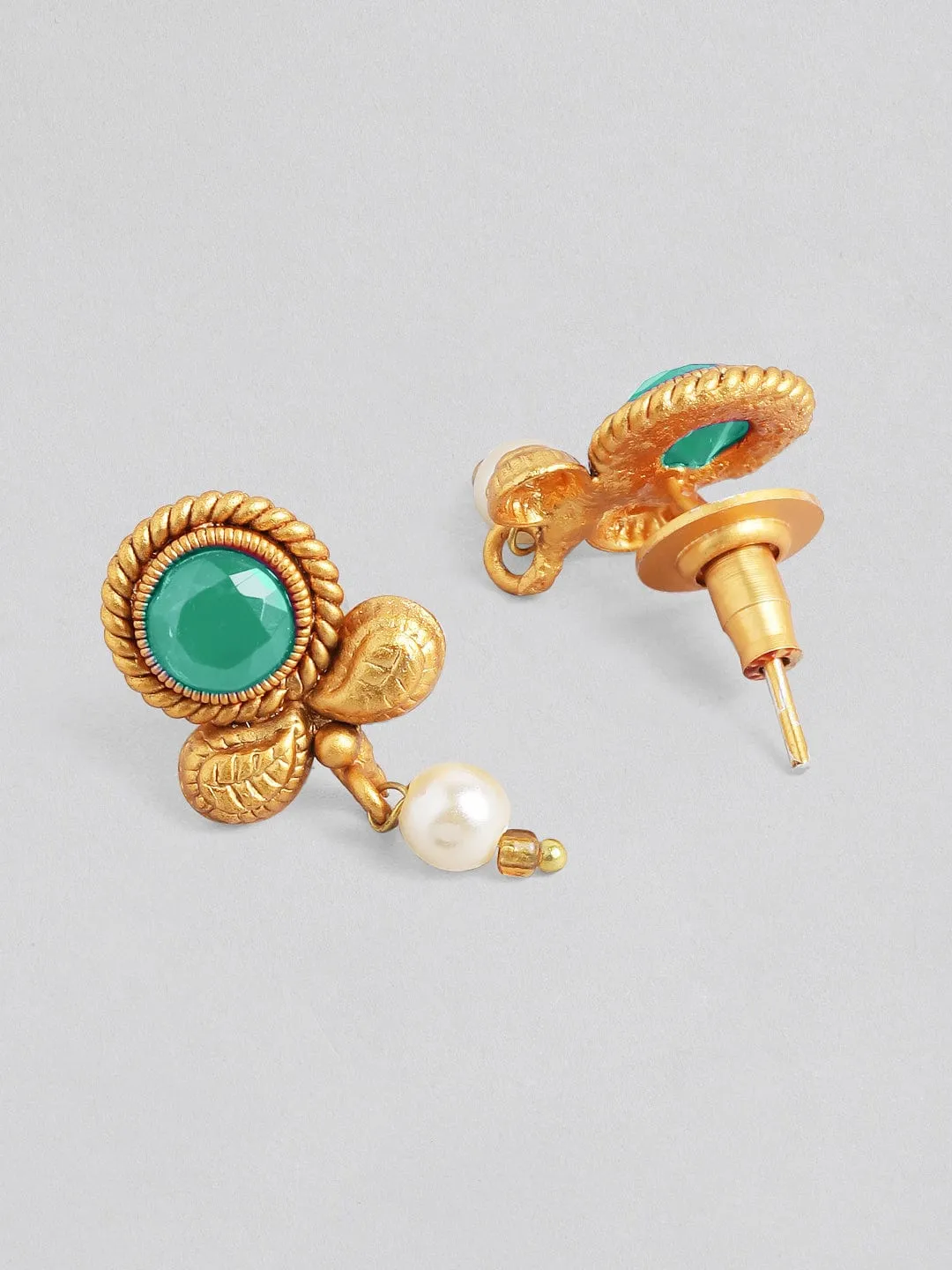 Rubans 22K Gold-Plated Light Emerald Green Stone & Pearl Beaded Traditional Necklace Set