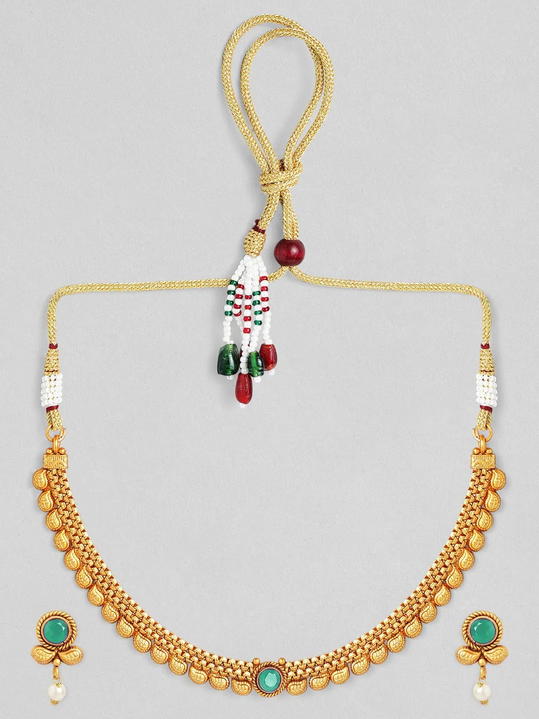 Rubans 22K Gold-Plated Light Emerald Green Stone & Pearl Beaded Traditional Necklace Set