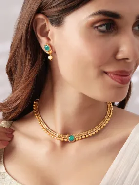 Rubans 22K Gold-Plated Light Emerald Green Stone & Pearl Beaded Traditional Necklace Set