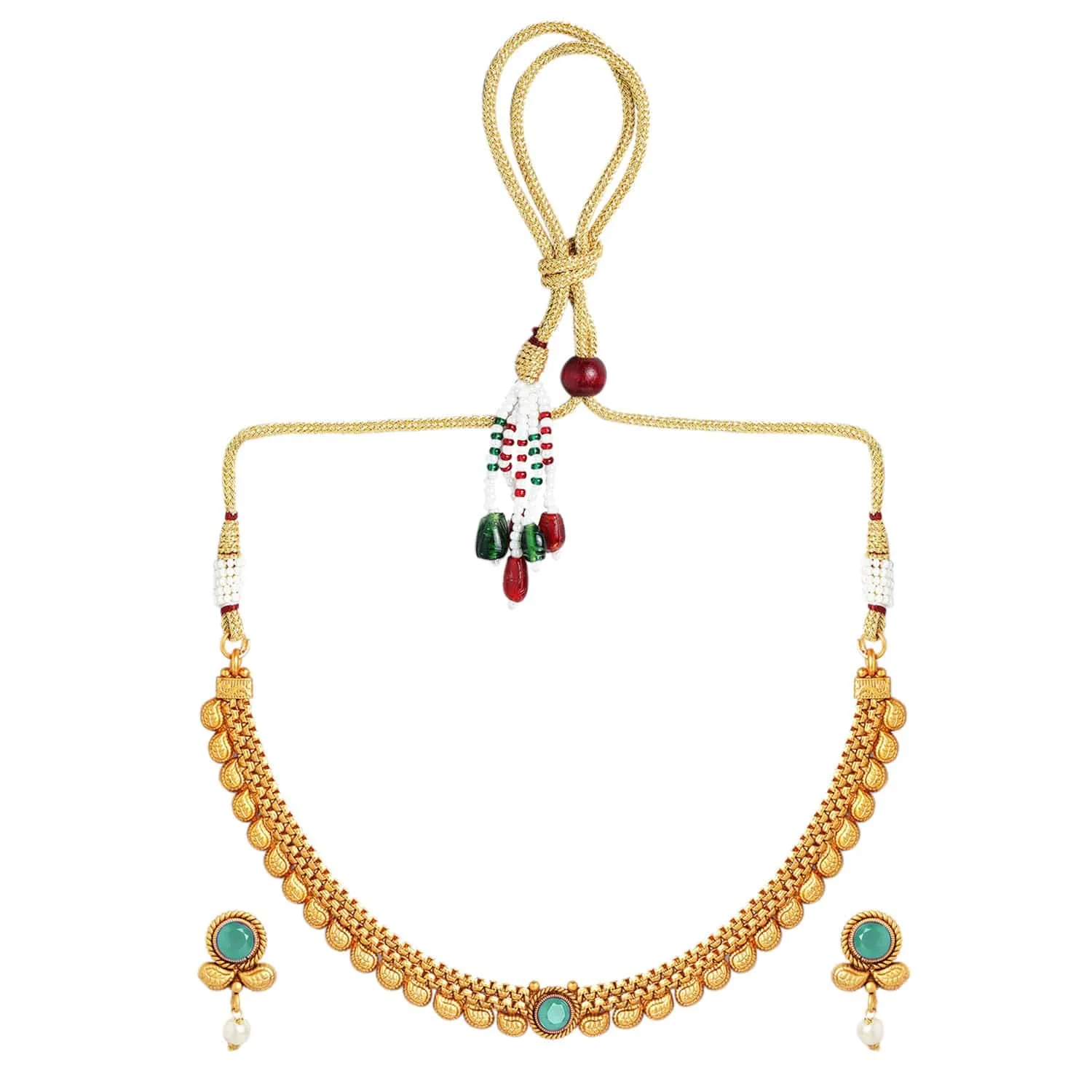 Rubans 22K Gold-Plated Light Emerald Green Stone & Pearl Beaded Traditional Necklace Set