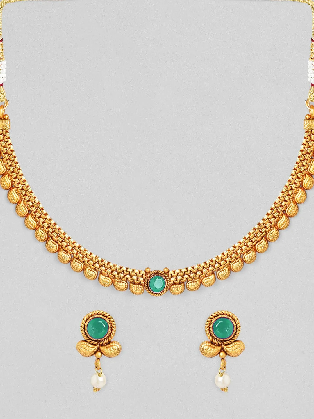 Rubans 22K Gold-Plated Light Emerald Green Stone & Pearl Beaded Traditional Necklace Set