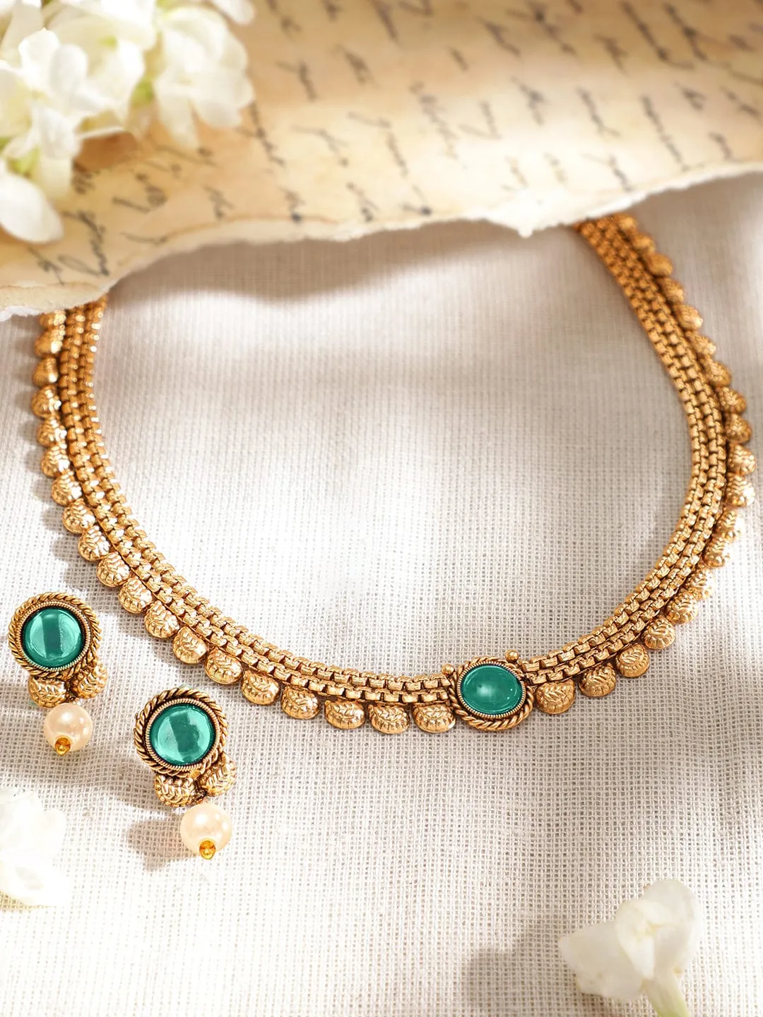 Rubans 22K Gold-Plated Light Emerald Green Stone & Pearl Beaded Traditional Necklace Set