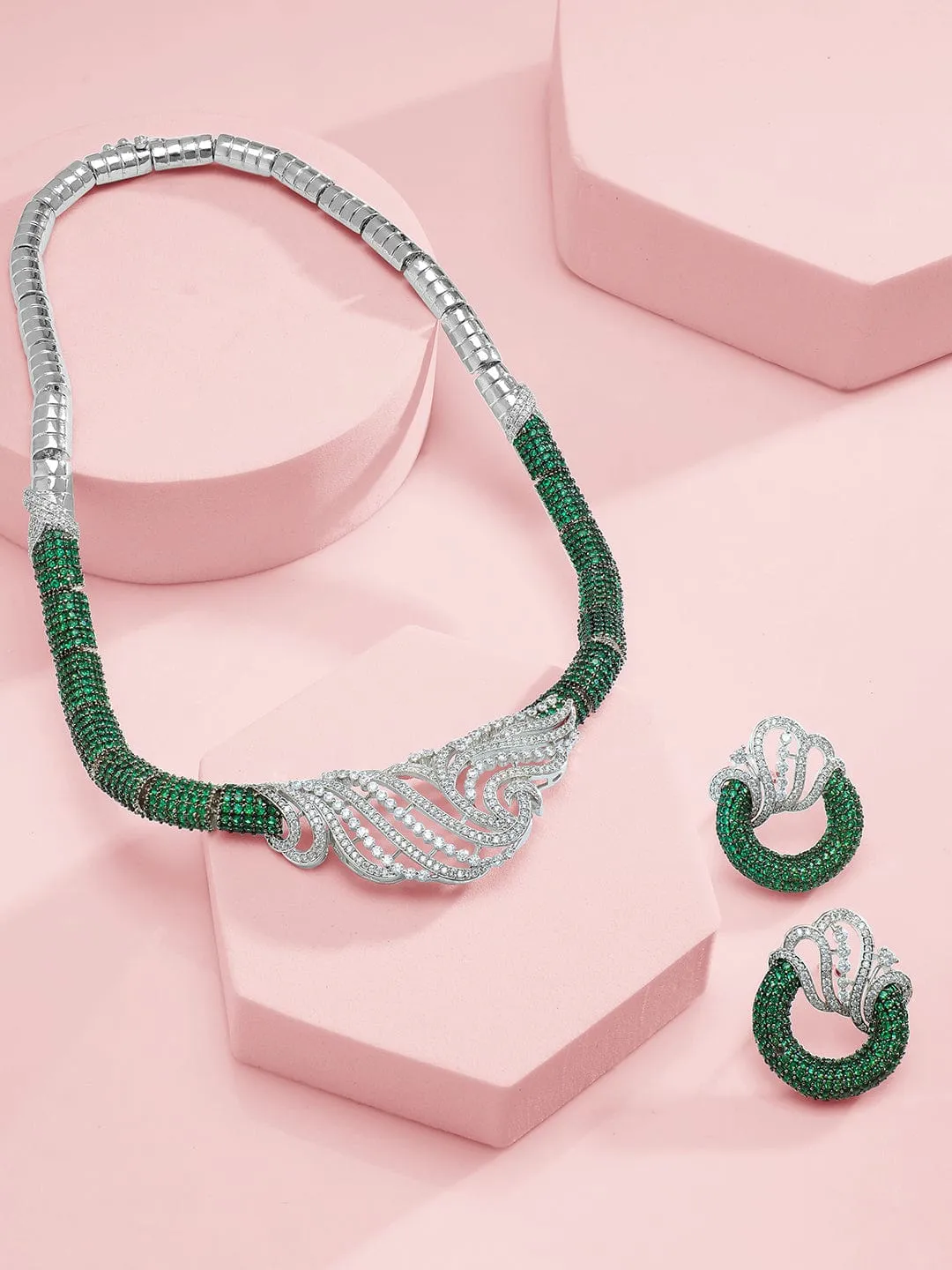 Rubans Silver-Plated Emerald Green & AAA Cubic Zirconia Statement Necklace Set with Artistic Wave Design