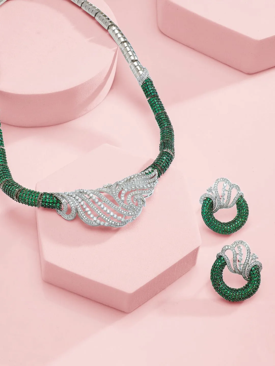 Rubans Silver-Plated Emerald Green & AAA Cubic Zirconia Statement Necklace Set with Artistic Wave Design