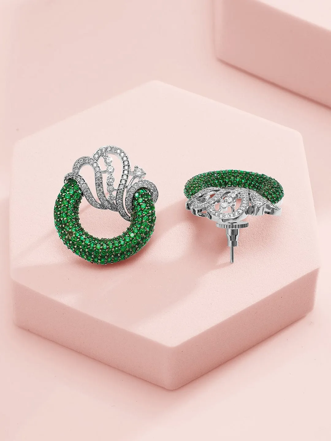 Rubans Silver-Plated Emerald Green & AAA Cubic Zirconia Statement Necklace Set with Artistic Wave Design