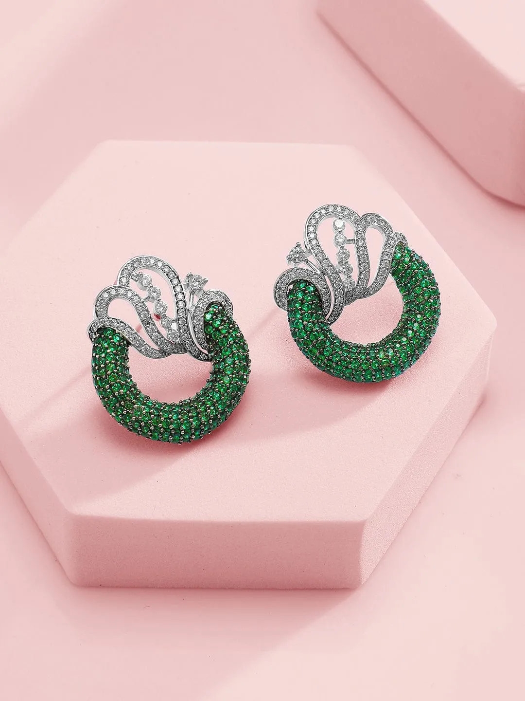 Rubans Silver-Plated Emerald Green & AAA Cubic Zirconia Statement Necklace Set with Artistic Wave Design