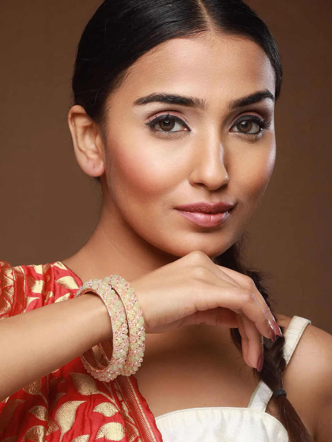 Set Of 2 Rose Gold Plated Crystal-Beaded Bangles