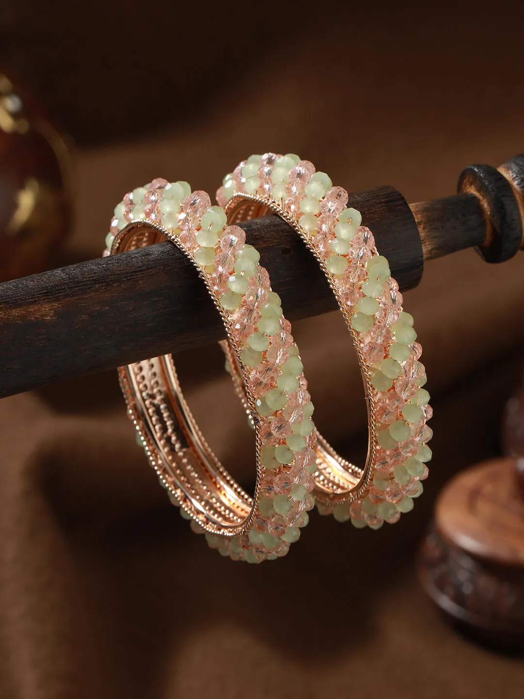 Set Of 2 Rose Gold Plated Crystal-Beaded Bangles