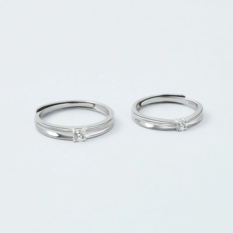 Single Zircon Concave Silver Couple Ring