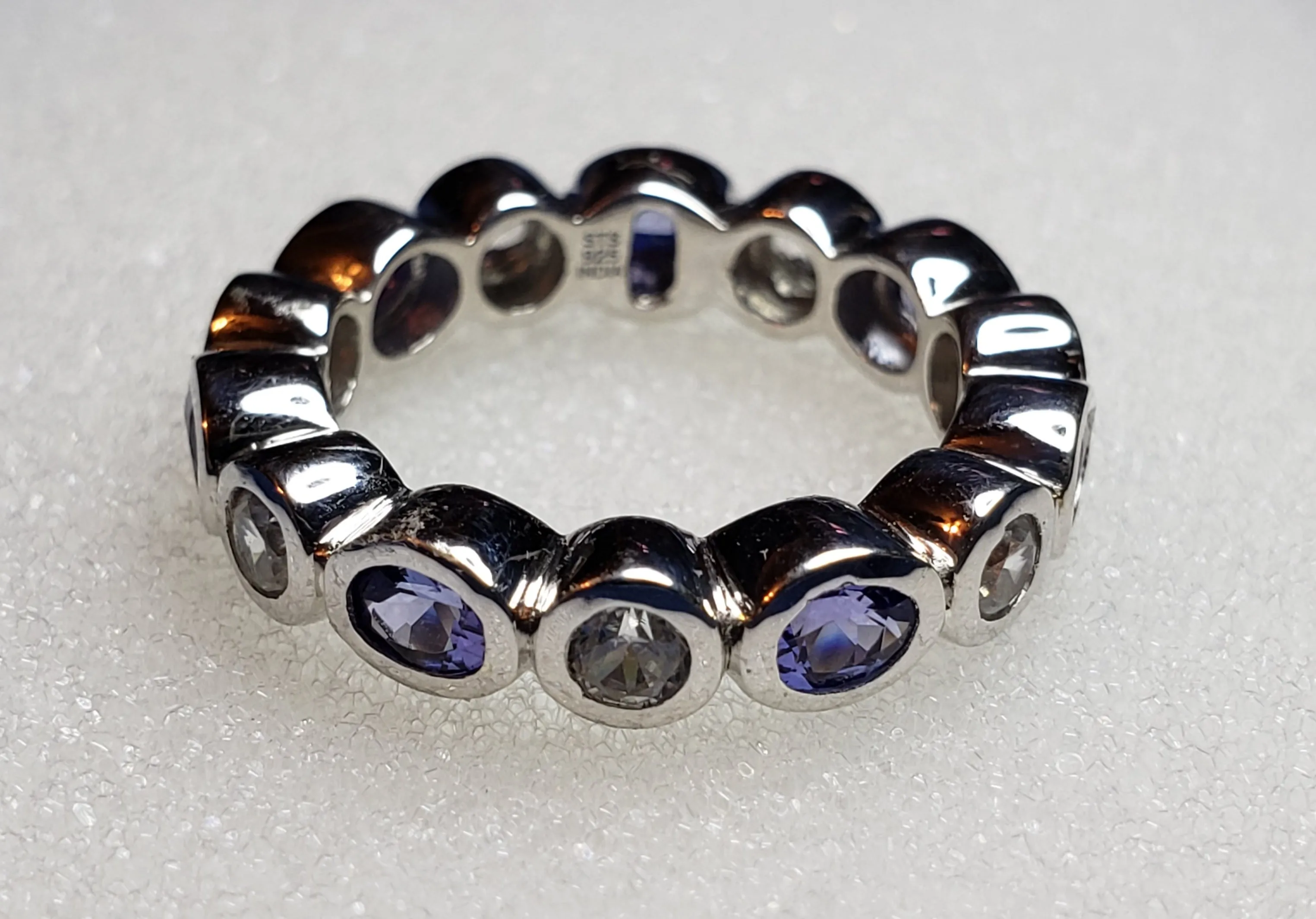 Size 6, 1.61 tcw Tanzanite & Zircon Bezel Set "Eternity Band" Ring in Platinum over 925 Sterling Silver 