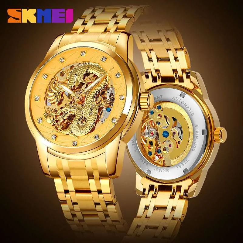 SKEMI 9310 Automatic Skeleton Watch for Men w/ China Dragon Stereoscopic Relief
