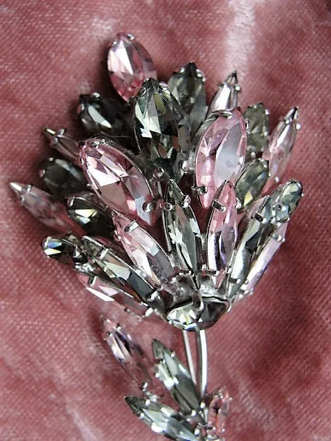 SPECTACULAR Rare SHERMAN Huge Brooch,Rhinestone Pin,Pink,Grey Gray Navettes Rhinestones,Vintage Statement Brooch Uncommon Design Collectible
