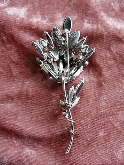 SPECTACULAR Rare SHERMAN Huge Brooch,Rhinestone Pin,Pink,Grey Gray Navettes Rhinestones,Vintage Statement Brooch Uncommon Design Collectible