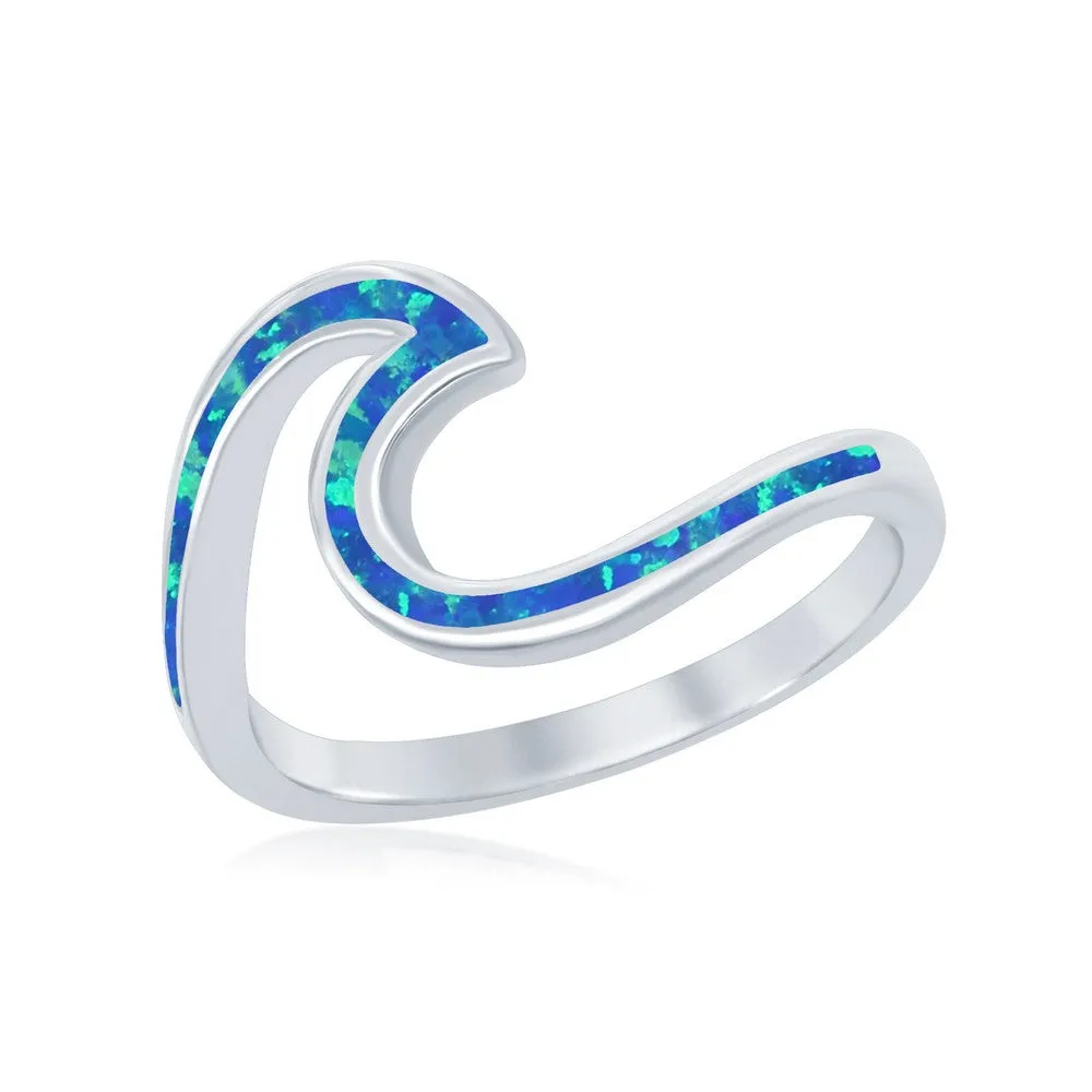 Sterling Silver Blue Inlay Created Opal Wave Design Ring, Size 9 (91960)