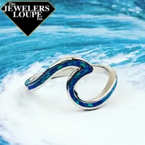 Sterling Silver Blue Inlay Created Opal Wave Design Ring, Size 9 (91960)