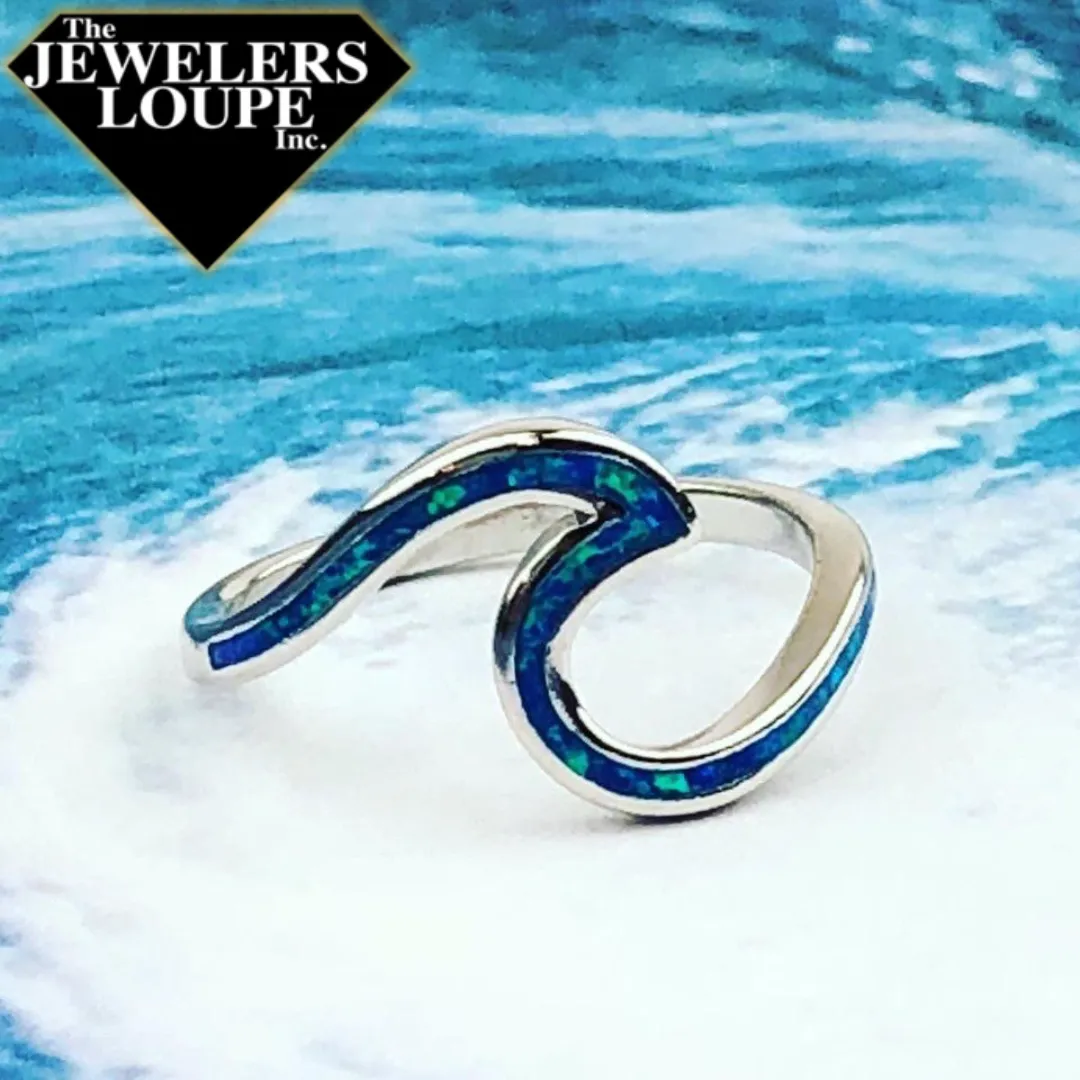 Sterling Silver Blue Inlay Created Opal Wave Design Ring, Size 9 (91960)