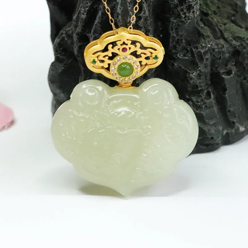 Sterling Silver Lotus Ruyi Pendant Necklace with Natural Hetian Jade