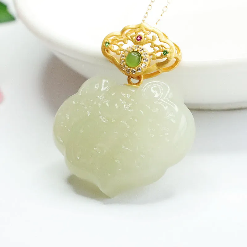 Sterling Silver Lotus Ruyi Pendant Necklace with Natural Hetian Jade