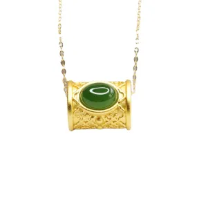 Sterling Silver Oval Hetian Jade Jasper Bead Necklace with Golden Bucket Detail
