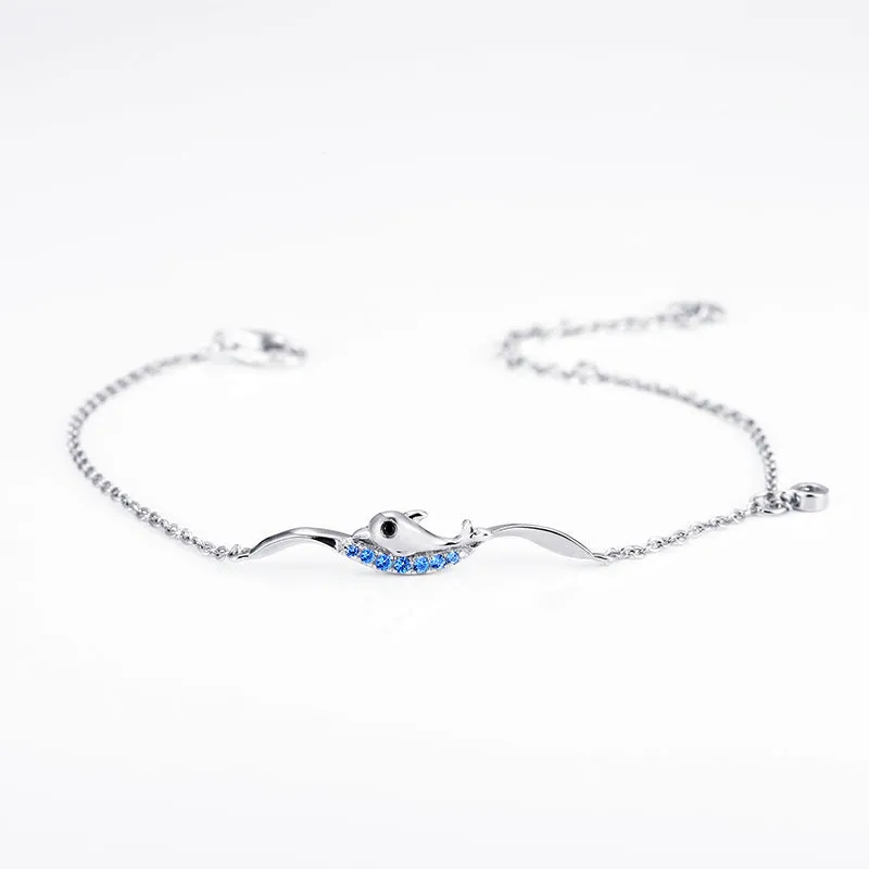 Swimming Dolphin with Blue Zircon Silver Bracelet for Women