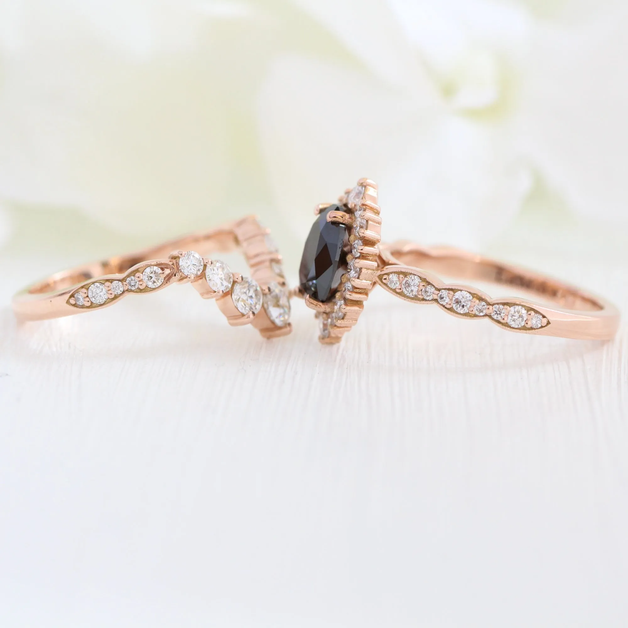 Tiara Halo Oval Black Diamond Ring Set w/ Large 7 Diamond Curved Scalloped Band
