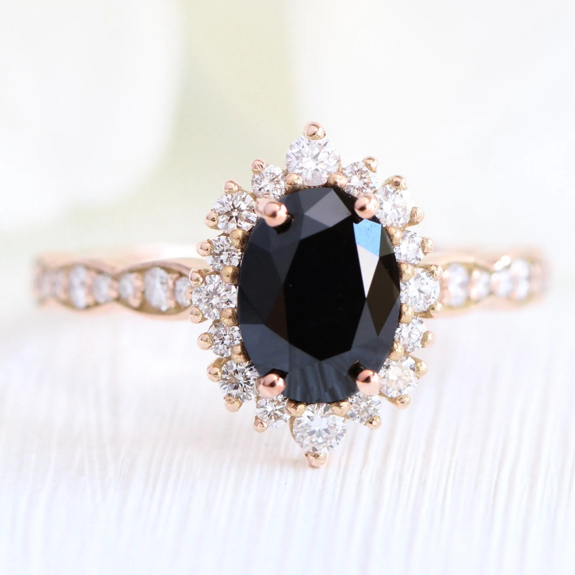 Tiara Halo Oval Black Diamond Ring Set w/ Large 7 Diamond Curved Scalloped Band