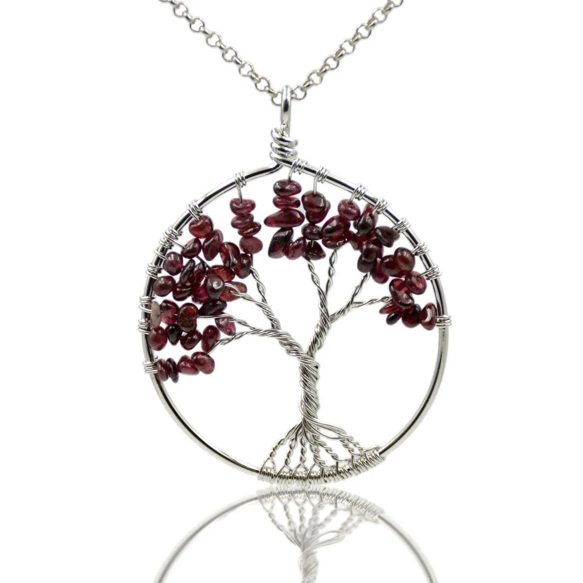 Tree of Life Pendant Necklace Chakra Gemstone 50mm Silver Wrap