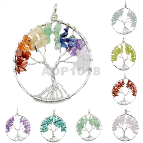 Tree of Life Pendant Necklace Chakra Gemstone 50mm Silver Wrap