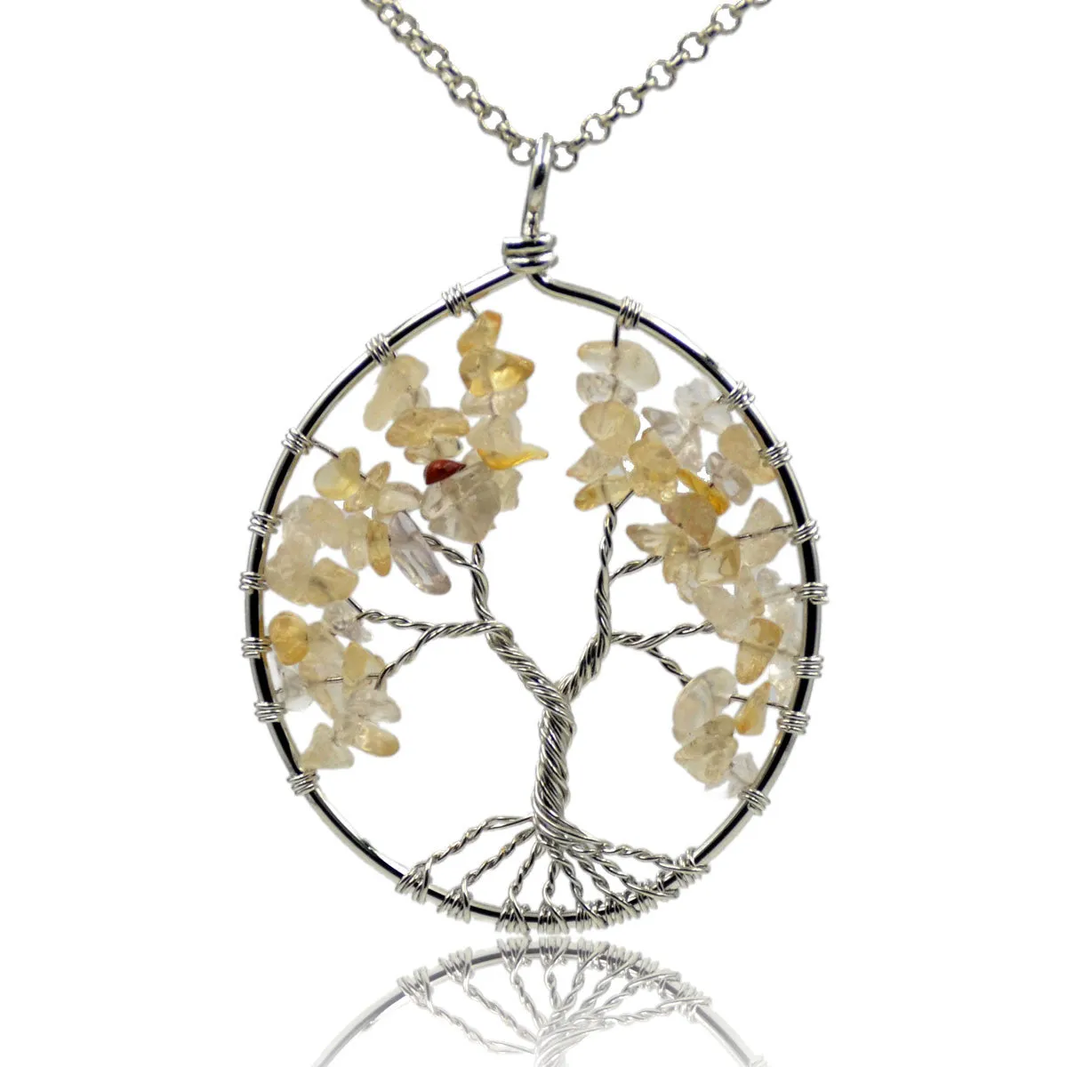 Tree of Life Pendant Necklace Chakra Gemstone 50mm Silver Wrap