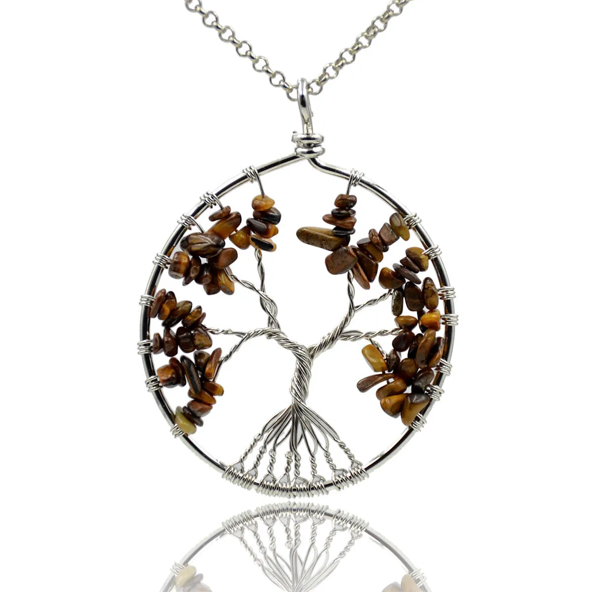 Tree of Life Pendant Necklace Chakra Gemstone 50mm Silver Wrap