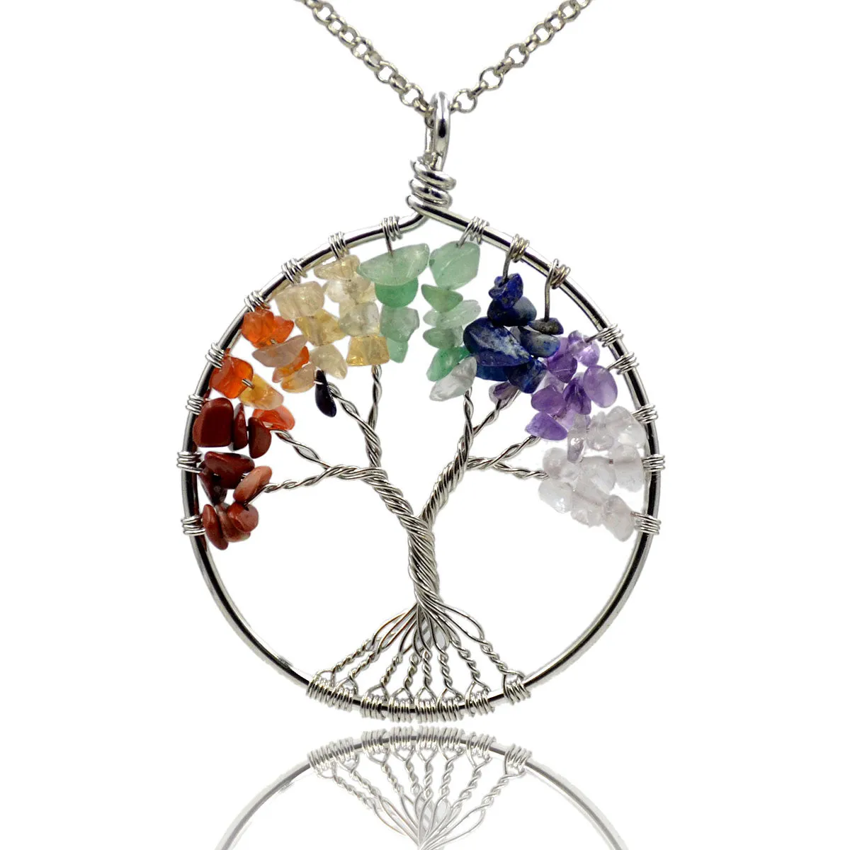Tree of Life Pendant Necklace Chakra Gemstone 50mm Silver Wrap